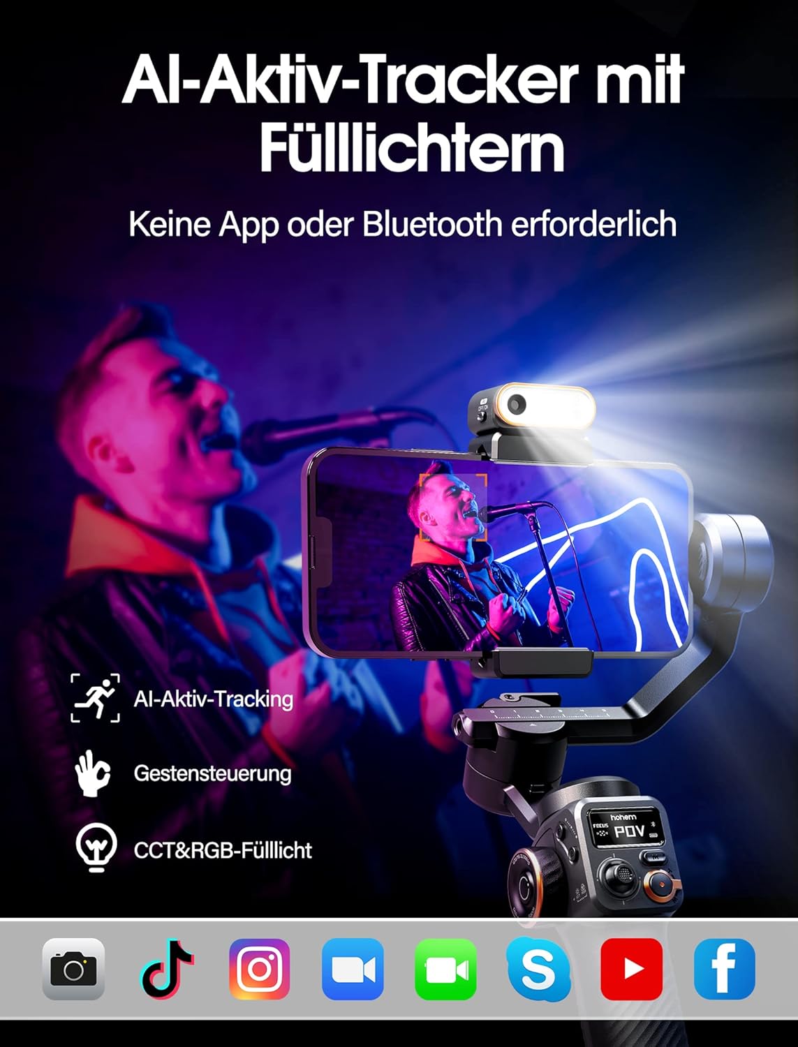 hohem iSteady M6 Stabilisatorset voor smartphone, geactualiseerde 3-assige gimbal, magnetische AI-tracker met verstelbaar CCT/RGB-licht, 0,91 inch display, max. laadvermogen 400 g, voor YouTube/vlog