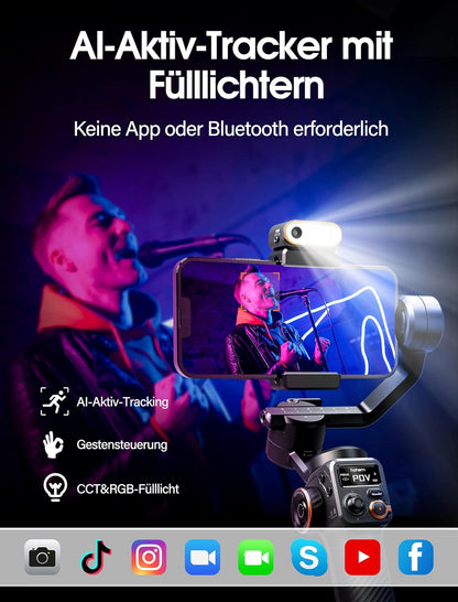 hohem iSteady M6 Stabilisatorset voor smartphone, geactualiseerde 3-assige gimbal, magnetische AI-tracker met verstelbaar CCT/RGB-licht, 0,91 inch display, max. laadvermogen 400 g, voor YouTube/vlog