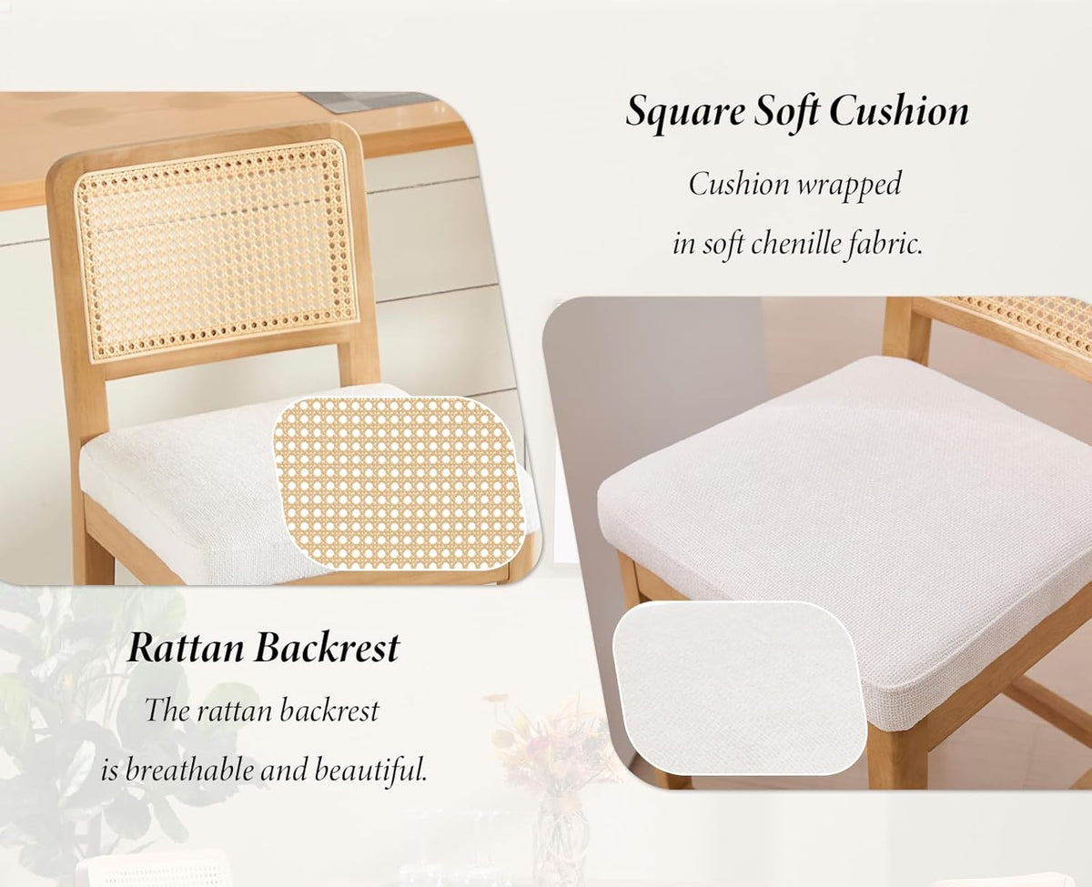Barstoel – Barkruk – Hoog Krukje – Keukenstoel – Bistrostoel – Set van 2 – Rieten Rugleuning – Chenille Zitkussen – Massief Houten Poten – Wit - QUORE