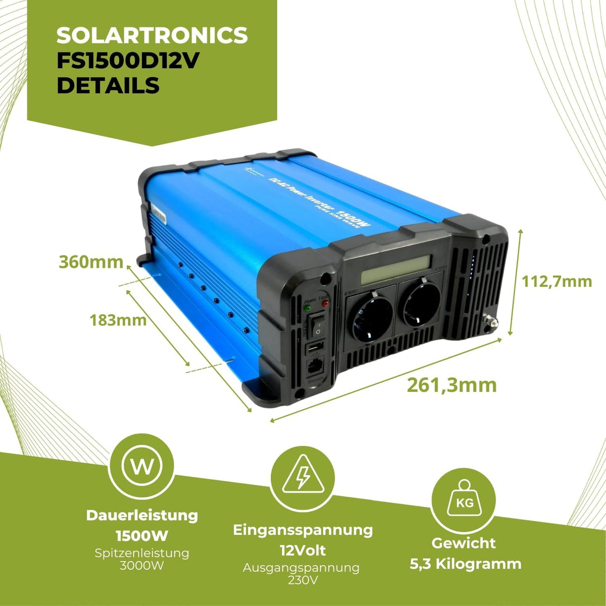 solartronics Spanningsomvormer FS1500D 12V 1500/3000 Watt Pure Sinus BLAUW m. Display FS Serie LiFePO4 / lithium, lood-, gel of AGM-batterij compatibel inverter omvormer