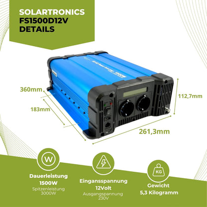 solartronics Spanningsomvormer FS1500D 12V 1500/3000 Watt Pure Sinus BLAUW m. Display FS Serie LiFePO4 / lithium, lood-, gel of AGM-batterij compatibel inverter omvormer