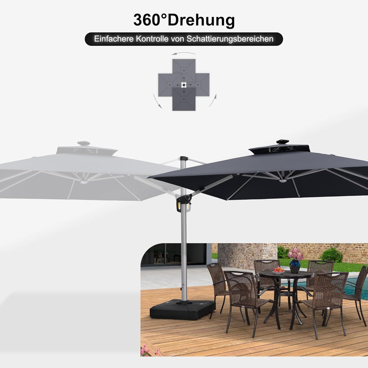 PURPLE LEAF Parasol met ledverlichting, zonnescherm, 300 x 300 cm, marktscherm, groot, 360 graden rotatie, tuinscherm met zwengel, balkonscherm, XXL, zonwering UV50+, grijs
