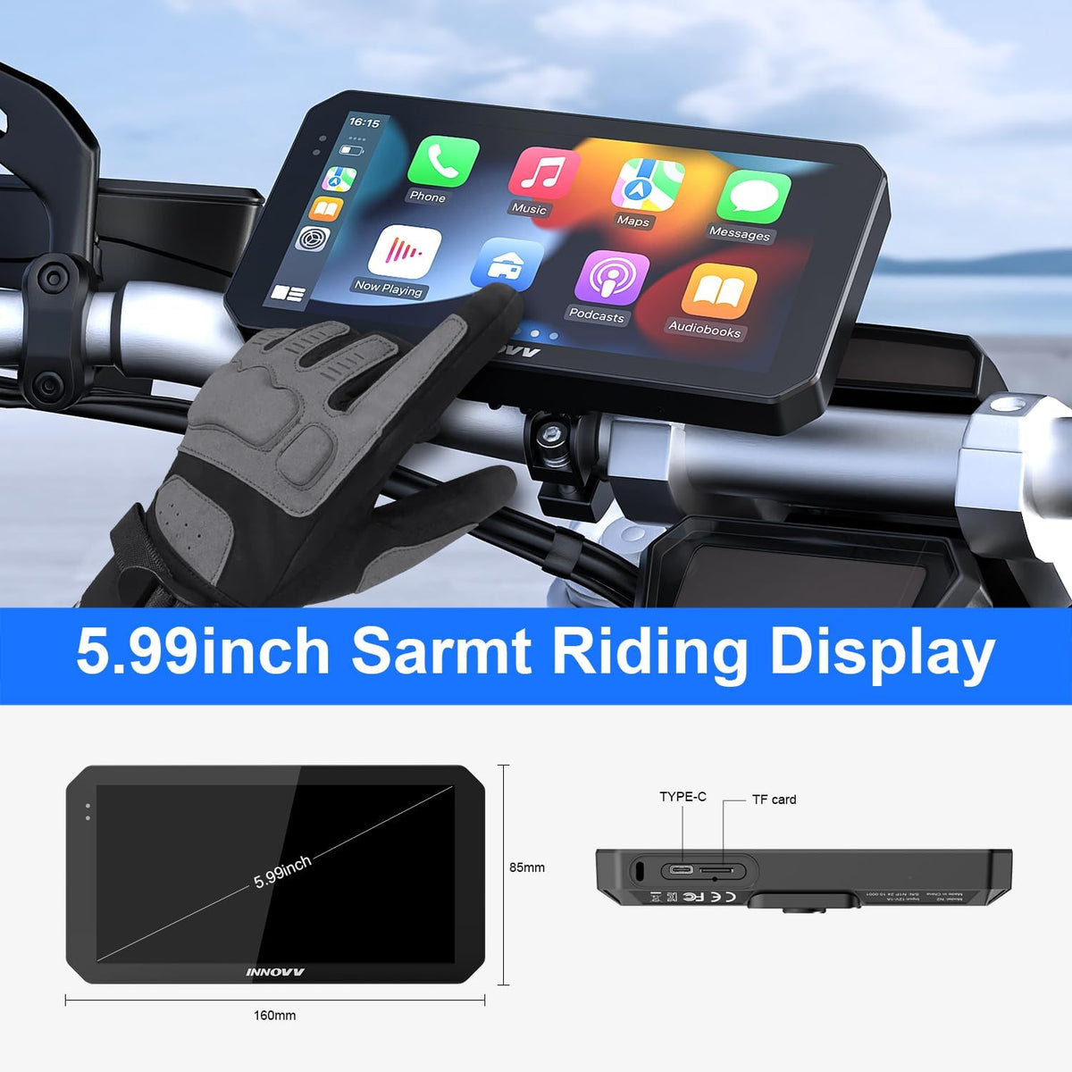 INNOVV N2 Motorfiets Carplay Dash Cam, 6 inch touchscreen ondersteuning Android Auto & iOS, 2K + 2K camera voor en achter met GPS-navigatie, parkeermodus, muziek, 5,8G wifi, IP67 waterdicht, App