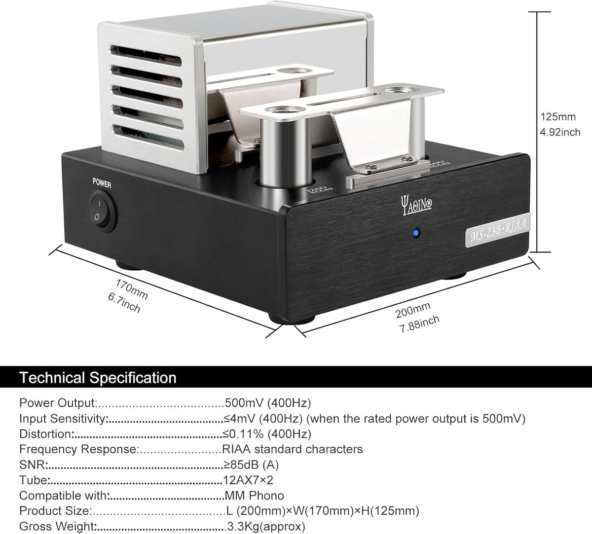 YAQIN MS-23B MM Phono buisversterker, platenspeler voorversterker met buisvoorversterker, compatibel met vinylplatenspelers (RIAA), met premium componenten voor superieure akoestische prestaties