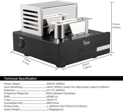 YAQIN MS-23B MM Phono buisversterker, platenspeler voorversterker met buisvoorversterker, compatibel met vinylplatenspelers (RIAA), met premium componenten voor superieure akoestische prestaties