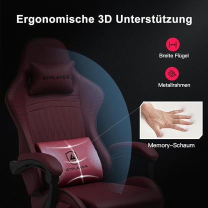 GTPLAYER Ergonomic Gaming Chair, Office Chair, Racing Chair with Footrest and Speakers, Load Up to 150 kg, Red - QUORE