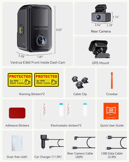 VANTRUE E360 Plus 3-kanaals 5.2K panorama+1440p dashcam met Dual STARVIS 2 HDR nachtzicht, 360° buffer parkeermodus dashcam, spraakgestuurde autocamera, APP, 1,54 inch touchscreen, max. 1TB