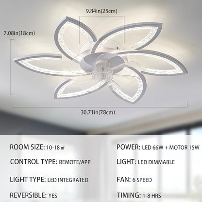 Plafondventilator met licht en afstandsbediening, moderne led-plafondventilator met variabele intensiteit, stille omkeerbare motor met windsnelheid, verstelbaar, voor woonkamer, 78 cm, wit