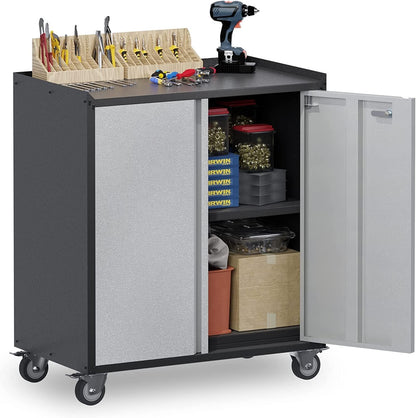 Gereedschapskast met wielen – Garagekast – Opbergkast – Werkplaatswagen – Metalen kast – 2 Deuren – Verstelbare Legplank
