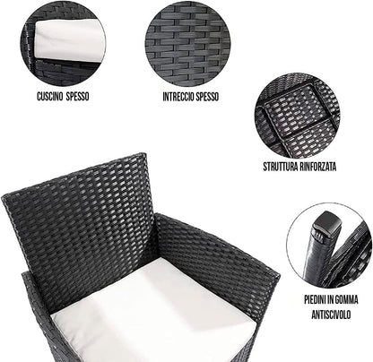 Arreditaly Tuinmeubelset, woonkamer, rotan, 4-zits met tafel en glazen rek, 2 stoelen en 2-zits, voor tuin, buitenzwembad, afneembare kussens (wit)