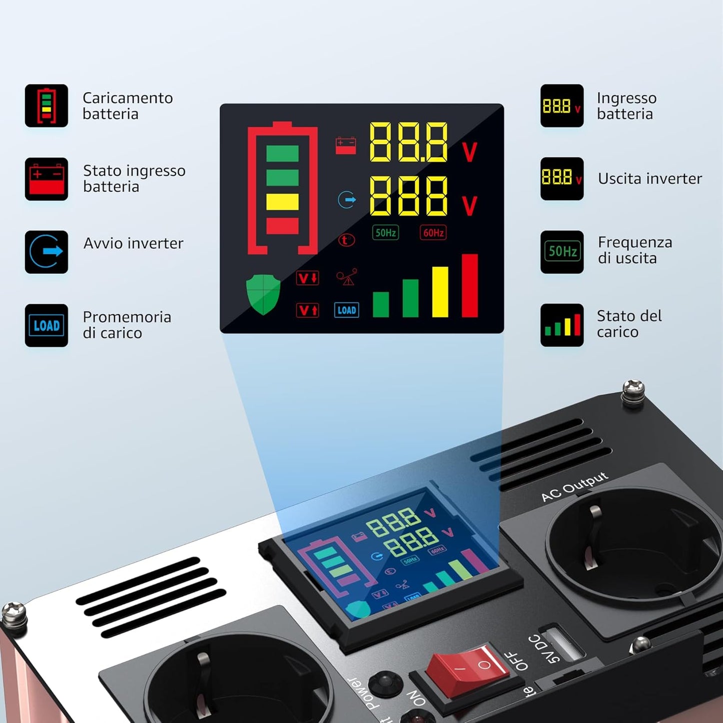 XWJNE Spanningsomvormer, 12 V naar 230 V, 1000 W/2000 W, zuivere sinus, omvormer met 2 AC-stopcontacten, 1 USB-uitgang 5 V, bekabelde afstandsbediening en led-display voor auto, camper, vrachtwagen