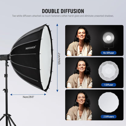 Parabolische Softbox – Softbox – Studio Softbox – Fotografie Softbox – Bowens Softbox – 120 Cm – Quick Release In Minder Dan 15 Seconden – Inclusief 2 Diffusers En Honingraatrooster