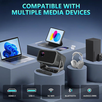 Mini Projector met 500 ANSI Lumen, Auto Focus, 1080P Full HD, Ondersteunt 4K Input, WiFi 6, Bluetooth 5.0, 360° Standaard, Draagbare Projector voor Slaapkamer en Buiten