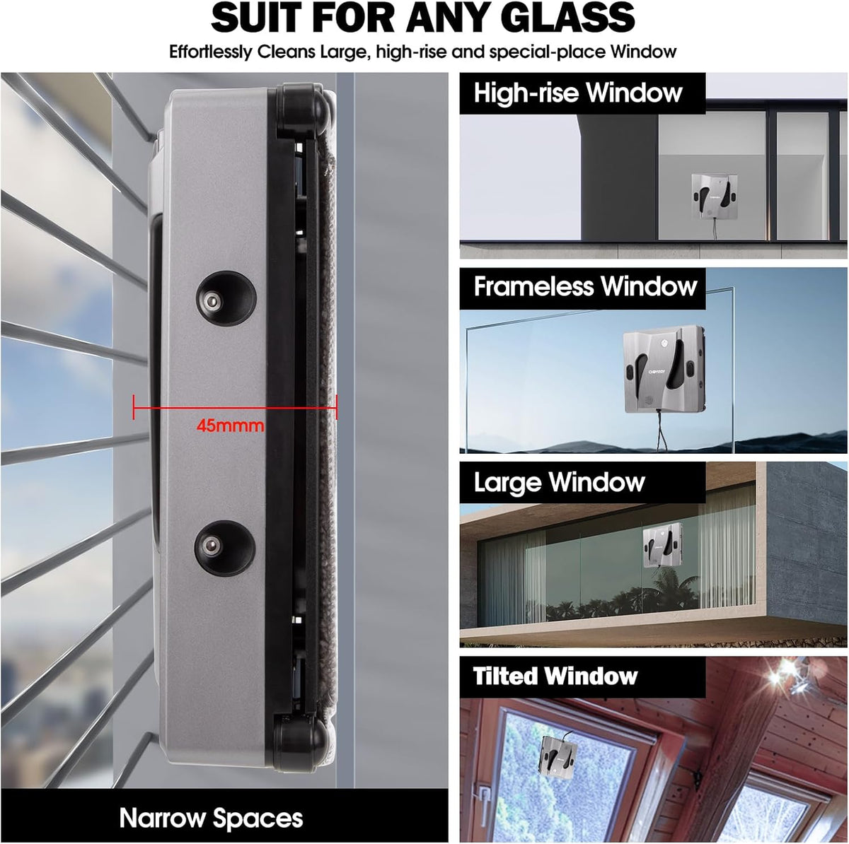 CHOVERY CL4 Window Cleaner Robot with 4 spray heads 6000Pa Window Cleaning Washer Robot with 5.0 All Intelligent Navigation 65dB Low Noise Glass Cleaning Robot for Framed/Frameless Surface - QUORE