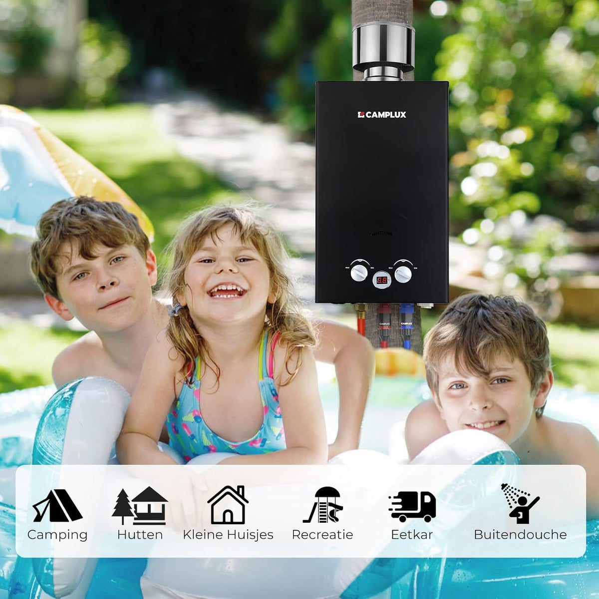 Camplux BW264BC 10 l gasboiler met regendeksel, gar-standaard, CE-gecertificeerd, voor kamperen, campers, paardenwassen