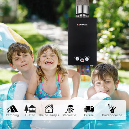 Camplux BW264BC 10 l gasboiler met regendeksel, gar-standaard, CE-gecertificeerd, voor kamperen, campers, paardenwassen