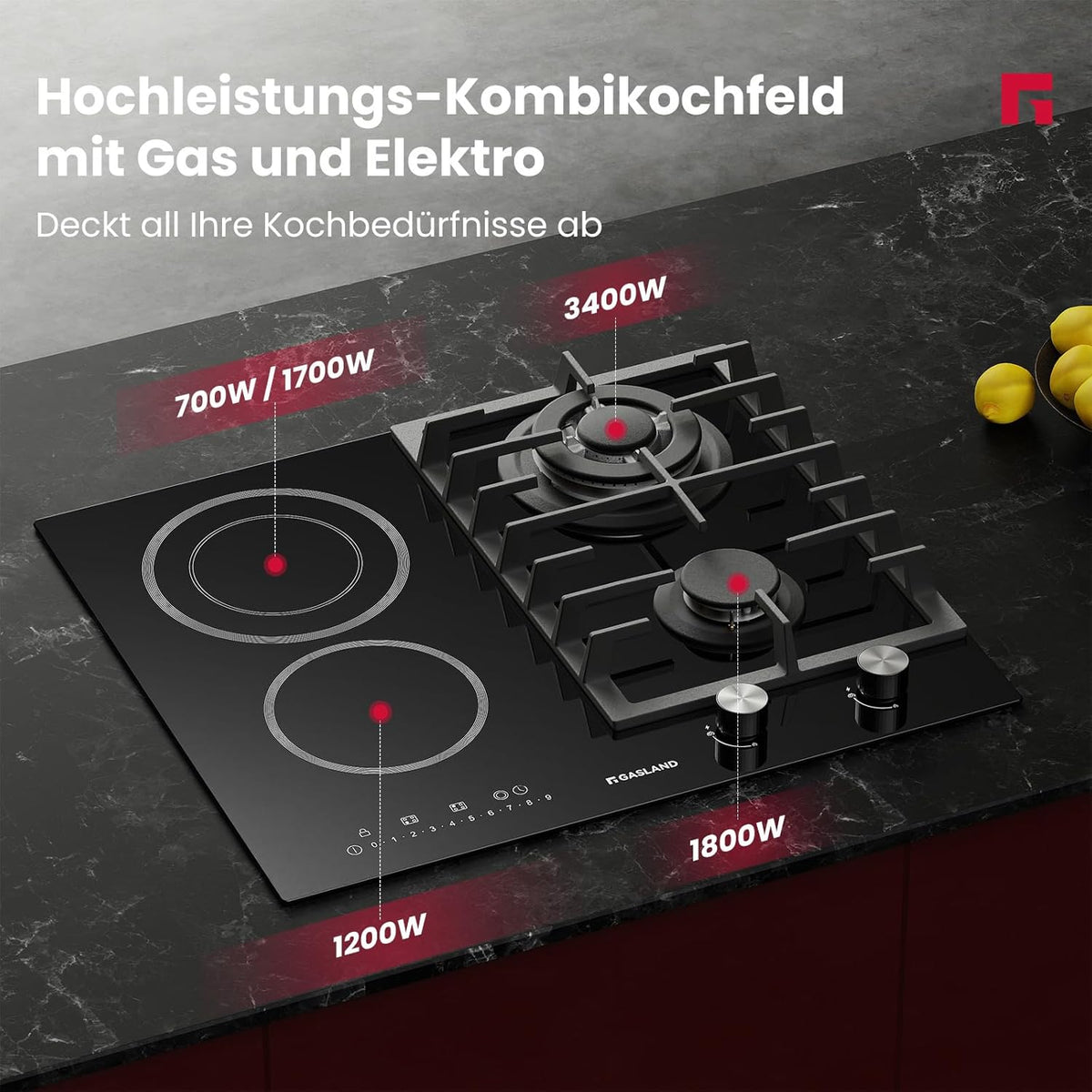 Gaskookplaat – Keramische Kookplaat – Combikookplaat – Inbouwkookplaat – Wokbrander – 60 cm Breed – 5200 W Gasbrander – Zwart Glaskeramiek