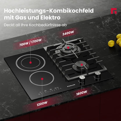 Gaskookplaat – Keramische Kookplaat – Combikookplaat – Inbouwkookplaat – Wokbrander – 60 cm Breed – 5200 W Gasbrander – Zwart Glaskeramiek