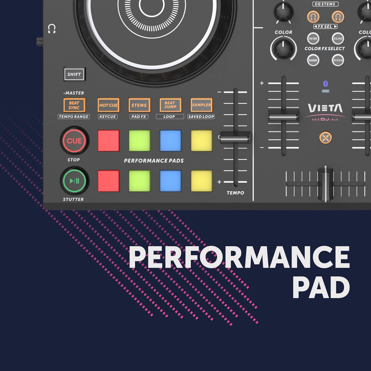 VIETA PRO Professioneel bluetooth-DJ-mengpaneel met geïntegreerde geluidskaart, DJ-controller met geïntegreerde RGB-verlichting, DJ-controller en audio-interface, DJ-mengpaneel Juno