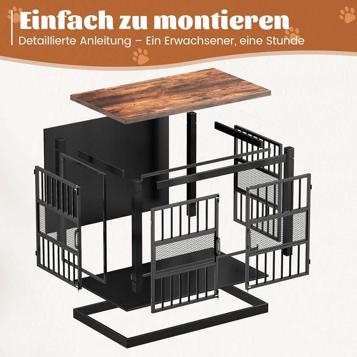 101 cm hondenbench, beetbestendige hondenbench, zware hondenkooi met dubbele deur, houten bijzettafel voor slaapkamer en woonkamer, zwart
