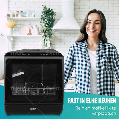 Black Portable Countertop Dishwasher with App Control - 900W 5 Washing Programs - Compact Mini Dishwasher for Apartments, Stainless Steel & Small Kitchens, No Hookup Needed – 42.5 x 43 x 45.7