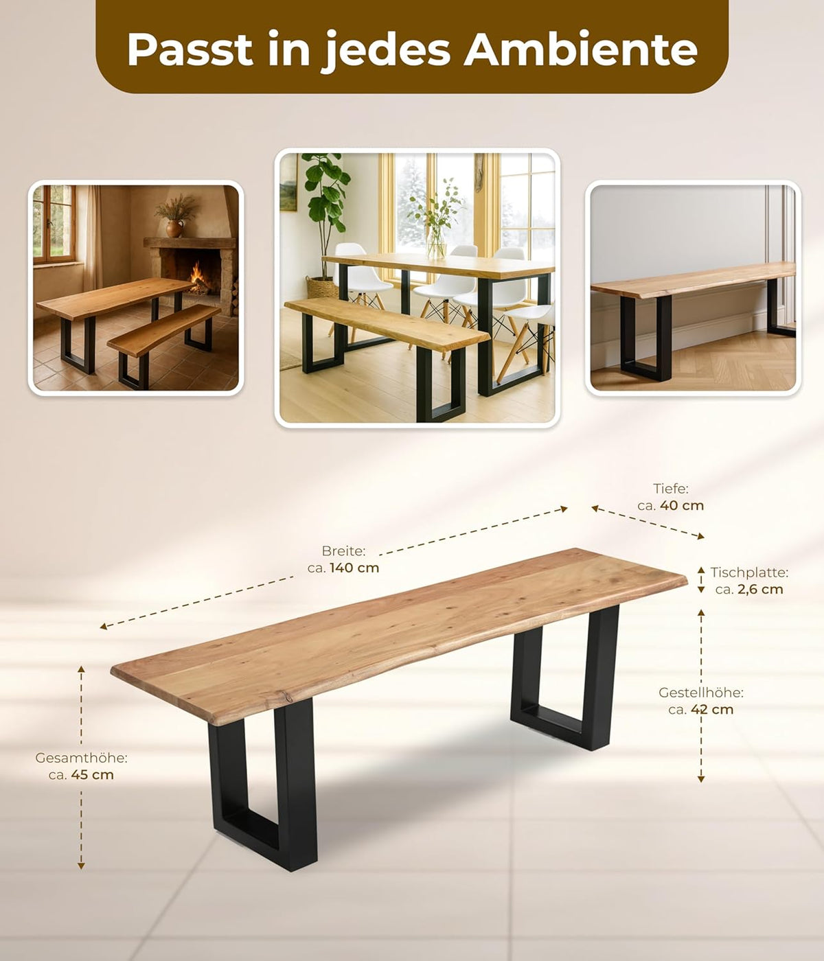 Eetkamerbank 140x40x45 cm – massief houten zitbank eetkamer van acaciahout met U-frame – echte boomrand, natuurlijke kleuren – handgemaakt & robuust – incl. levering op de gewenste plaats