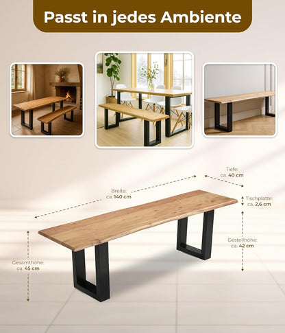 Eetkamerbank 140x40x45 cm – massief houten zitbank eetkamer van acaciahout met U-frame – echte boomrand, natuurlijke kleuren – handgemaakt & robuust – incl. levering op de gewenste plaats