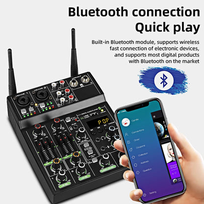 Audiomixer – Mixer – Mengpaneel – DJ Mixer – Geluidsmixer – 4-Kanaals Bluetooth – Draadloze Microfoonondersteuning – USB-Geluidskaart Met +48V Fantoomvoeding