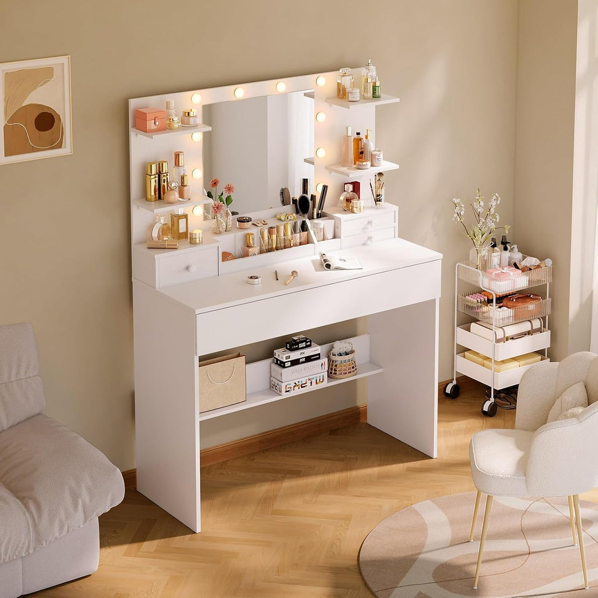Make-up Tafel – Make-up Bureau – Toiletspiegel – Beautytafel – Schoonheidstafel – LED Spiegel met 10 Dimbare Lampen – 3 Kleuren & 9 Helderheidsniveaus – Laden en Gezoneerde Opslag – Wit 100x40x136 cm