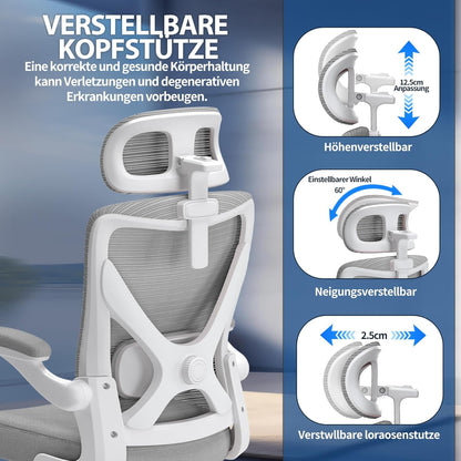 Bureaustoel – Ergonomische Bureaustoel – Gamestoel – Computerstoel – Office Chair – Verstelbare Lendensteun – 3D Hoofdsteun – Max. 150 kg – Grijs Mesh