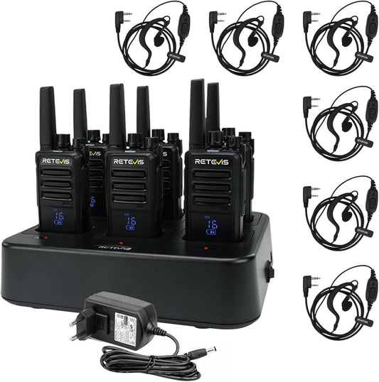 Retevis RT668H PMR446 Walkie-Talkies met Oortelefoon, Licentievrije 2-Weg Radio Verborgen Sherm, Type-C, Robuuste Walkie Talkie met 6-Weg Oplader, Draagbaar voor School, Fabrikant (6 Stuks, Zwart)