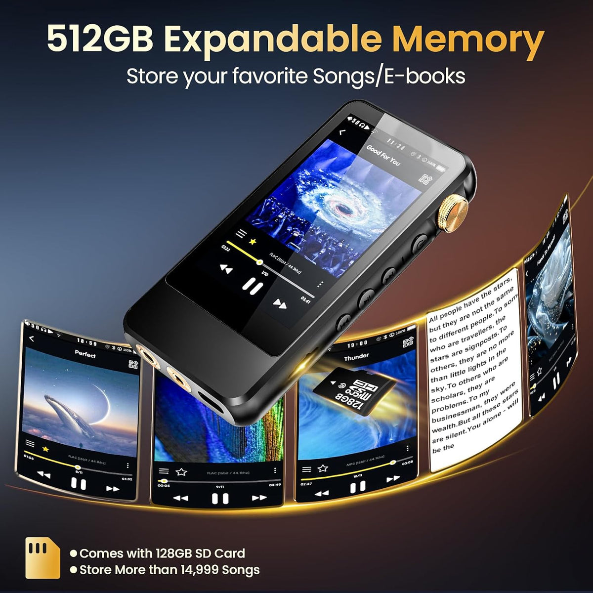 HiFi MP3 Speler – Draagbare Muziekspeler – Digitale Audio Speler – Lossless Music Player – Bluetooth 5.1 – 3,2" Touchscreen – 128GB Geheugen Uitbreidbaar Tot 512GB
