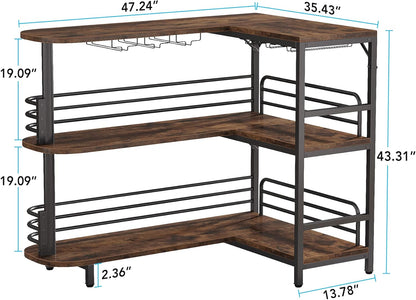 Tribesigns Bar Table, L Shape, Bistro Table, Spirits, 3 Levels, with Bottle Rack and Cup Holder, Kitchen Table, Corner Table for Living Room, Kitchen, Brown, Rustic