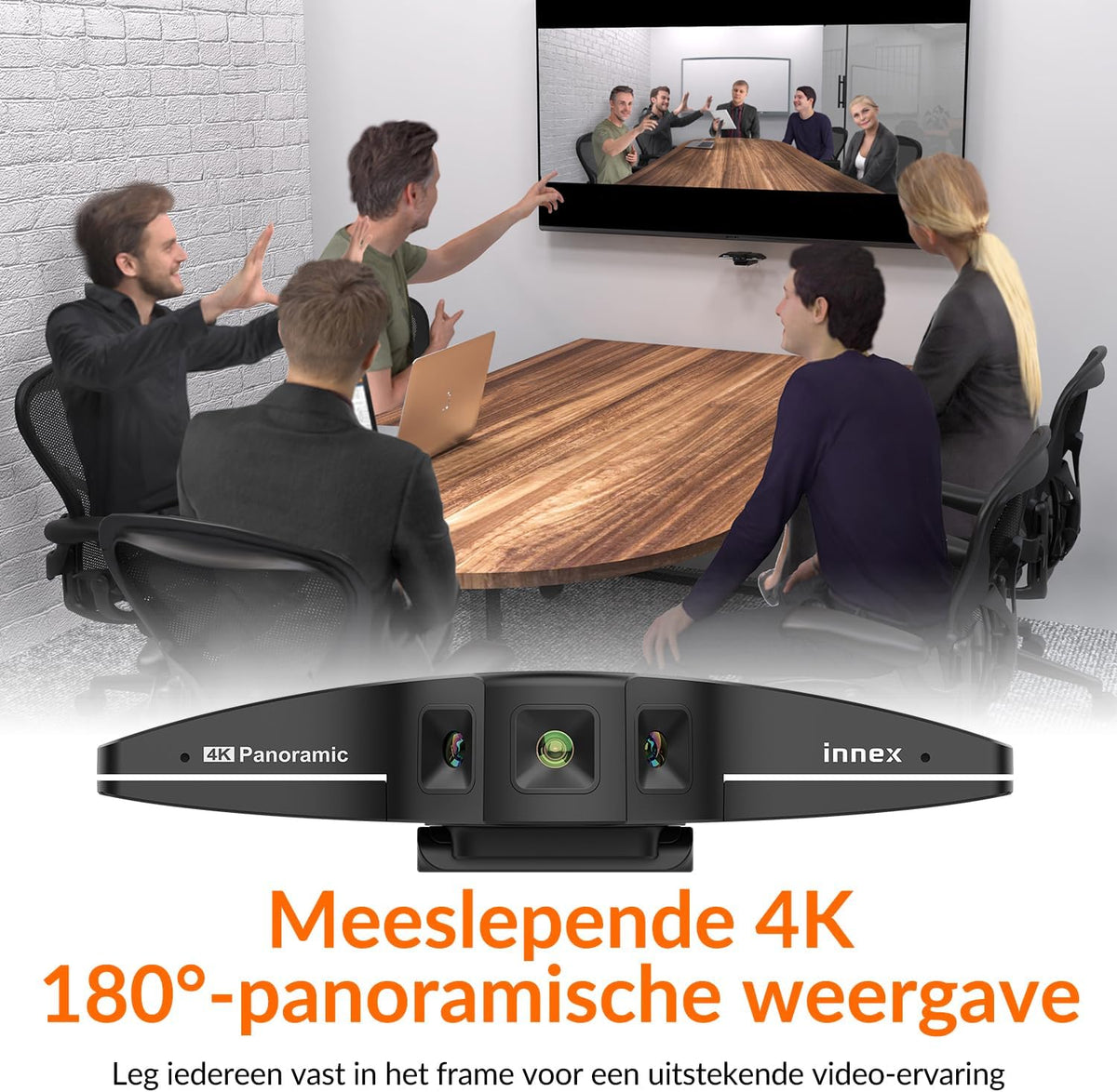 Innex C831 180° Panoramic 4K Wide Angle Webcam with AI Face Sleek, Built-in Microphone for Windows, Mac, Plug and Play Meeting Camera with Flexible Viewing Angle for Meeting Room, Hybrid Learning
