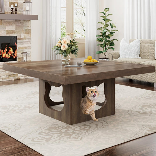 HSH Vierkante salontafel, rustieke houten salontafel voor woonkamer, boerderij middentafel met kattenhuiskussen, industriële opslag cocktailtafel voor thuiskantoor, slaapkamer, rustiek eiken, 90 cm