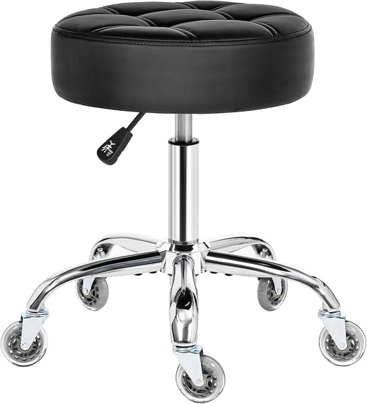 BEWISHOME Rollende stoel met wielen, heavy duty PU lederen stoel, brede dikke zitting, padding kruk voor schoonheidssalon, spa, klinisch, 360° draaibare verstelbare stoel, gewicht 100 kg, zwart