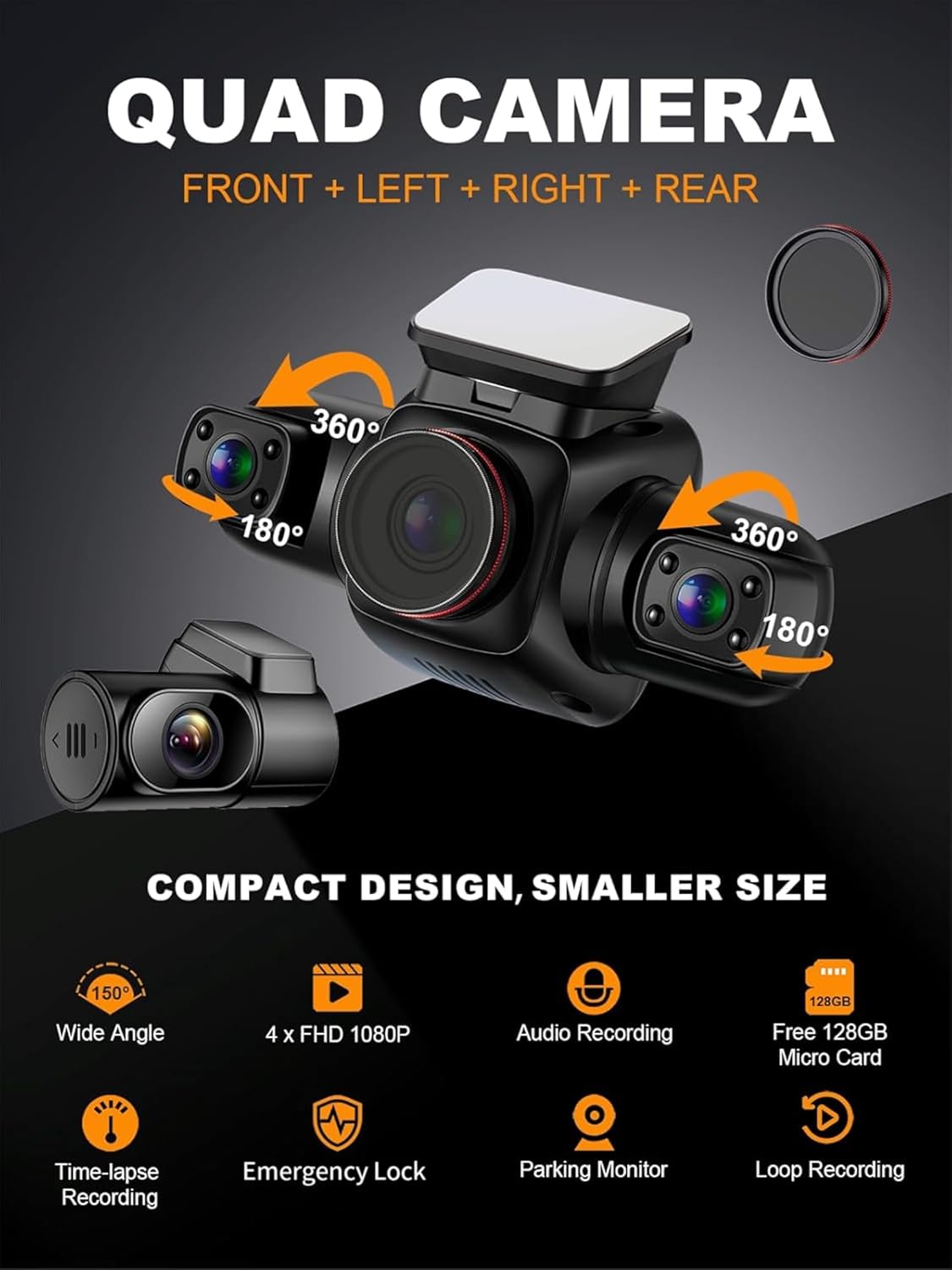 4-Kanaals Dashcam – Auto Camera – Autocamera – Dashboard Camera – Car Dashcam – 4 X 1080P Voor, Achter, Links En Rechts – GPS & Wifi – 24-Uurs Parkeermodus, Nachtzicht, CPL, WDR – 128 GB