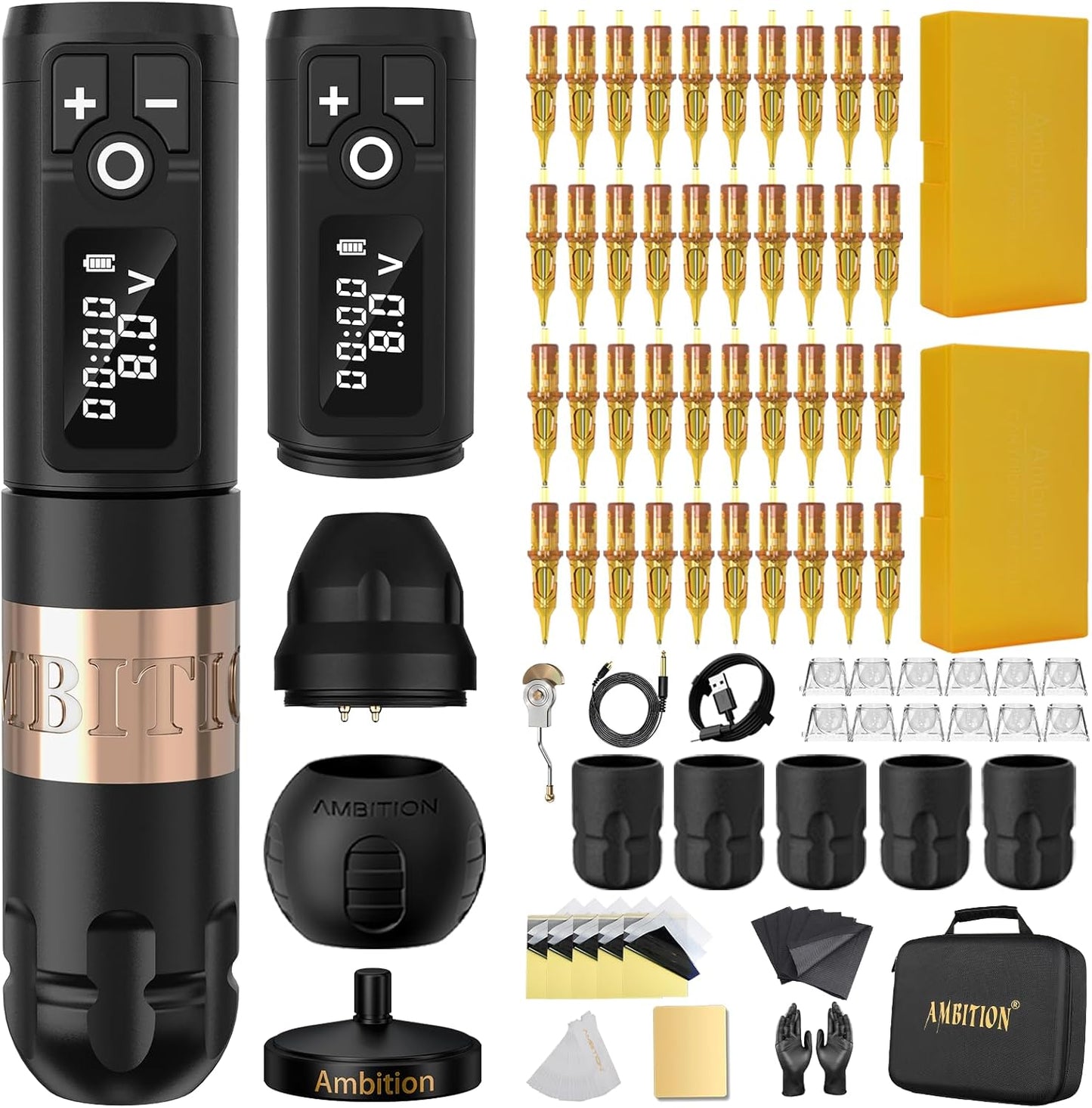 Ambition Soldier Tattoo Kit Compleet Rotary Tattoo Machine Set met Dubbele 2400mAh Batterij en 40 Glory Naaldpatronen in Gemengde Maten voor Professionele Artiesten