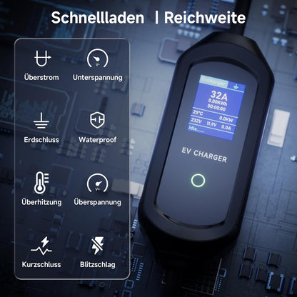 Type 2 oplaadkabel 7 kW mobiele Wallbox, 5 m 6-32 A 1-fasig oplaadkabel type 2 CEE-stekker, draagbare EV oplader met instelbaar laadvermogen en timerfunctie, voor EV PHEV IEC 62196-2
