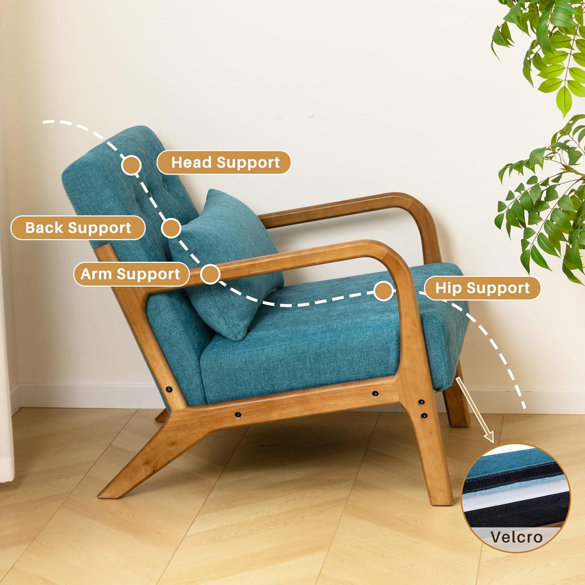 HollyHOME Armchair Living Room Comfortable Armchair Reading Chair Bedroom Relax Accent Chairs with Wooden Frame, Teal - QUORE