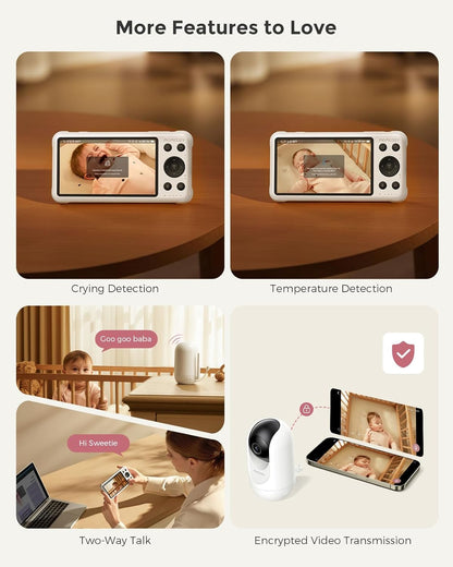 Momcozy Babyfoon Met 2-Camera App, 12,7 cm Wi-Fi Video Babyfoon Met Camera En Audio, 4× Zoom, Bewegings- En Huilherkenning, Veilige Zone, Heldere Nachtzicht, Tweeweggesprek, Foto- En Video-opname