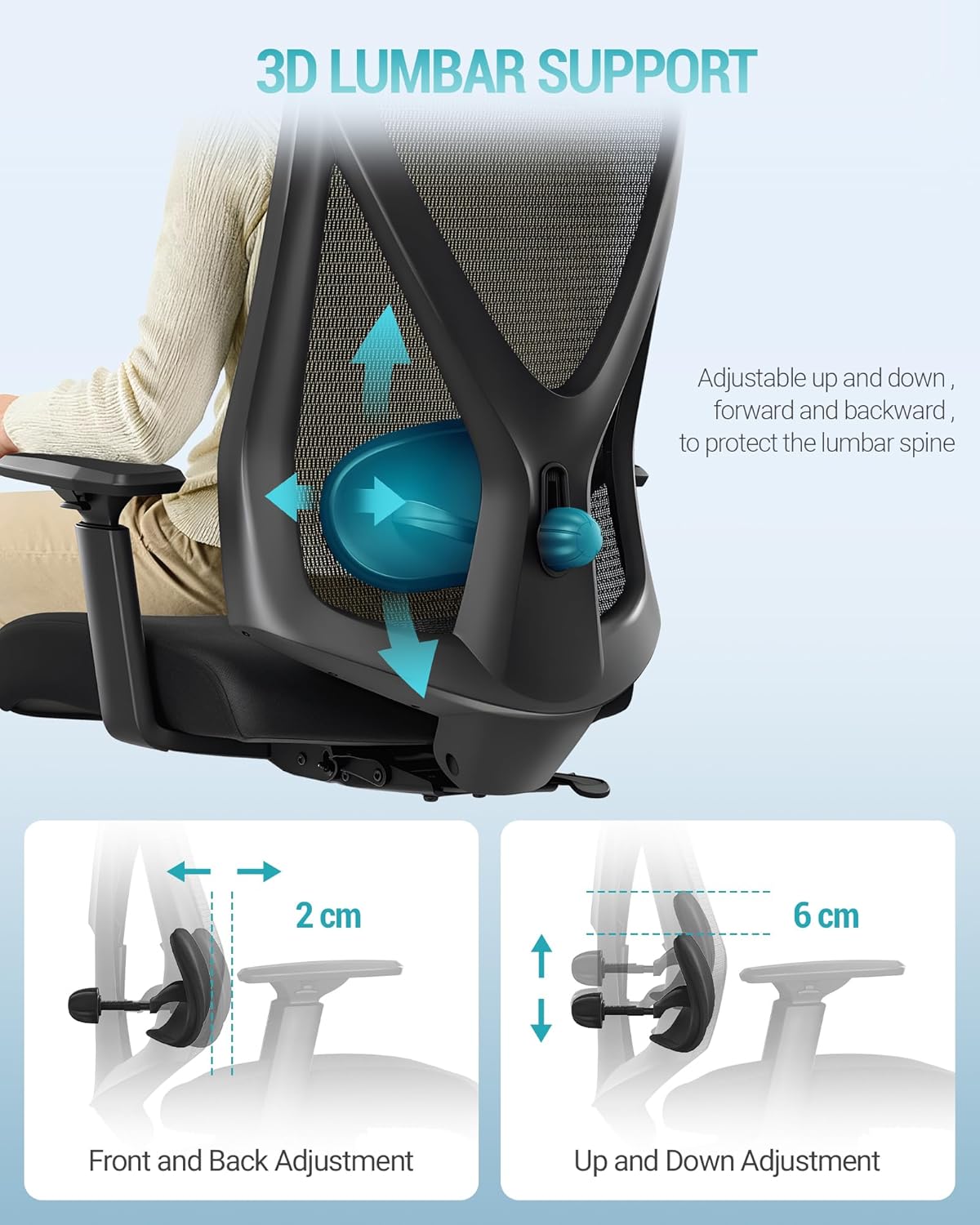Hzuaneri Ergonomic Office Chair, Computer Chair, Swivel Chair, with Adjustable Lumbar Support, Headrest and Armrests, Back Protection, Maximum Load Capacity 150 kg, Black ON00299B