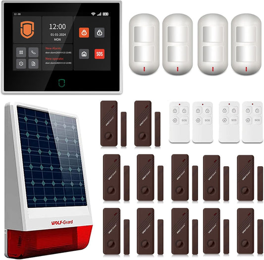 Wolf Guard WT4F-W06 4G + wifi-alarminstallatie, 7 inch touchscreen, 110 dB buitensirene, huisdier-immuunbewegingsmelder, deur-/raamsensor, Tuya Smartlife app, complete systemen