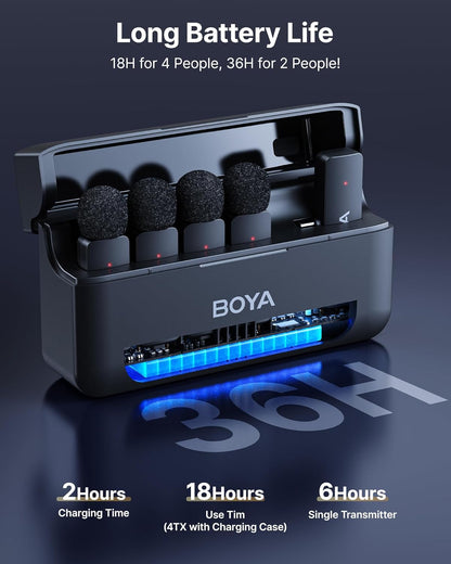 BOYA BY-V4U Microfoon Draadloos voor iPhone 15/16, Android Smartphone, 4-kanaals Mono Uitgang, Mini Microfoon, Draadloze Lavalier Microfoon Type-C, Ruisonderdrukking, 360° Clip Revers Microfoon voor