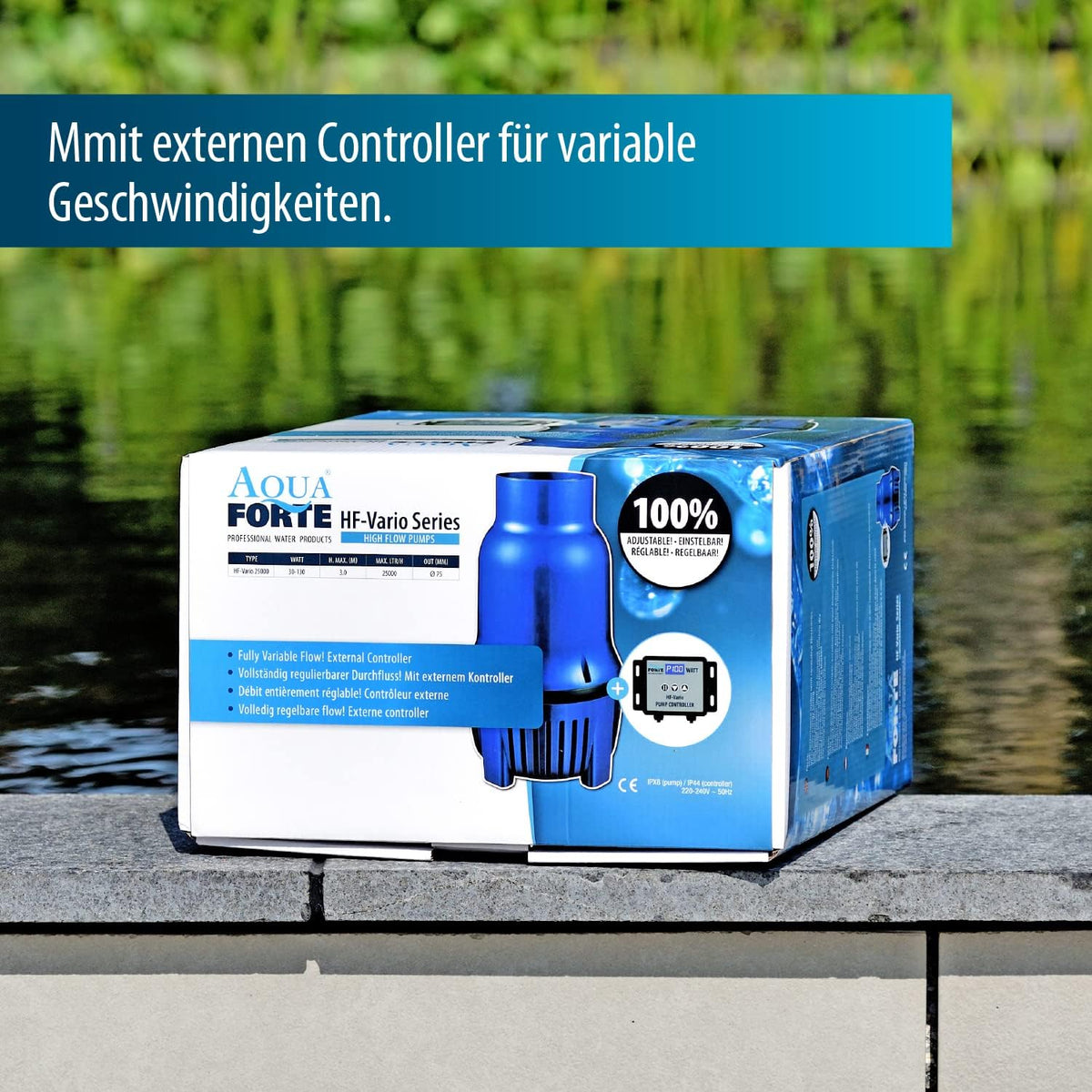 AquaForte HighFlow Vario-S 35.000 Vijverpomp, 60-200 watt, maximaal debiet 35 m3/uur, opvoerhoogte 4 meter, regelbaar met externe controller, uitgang 110 millimeter