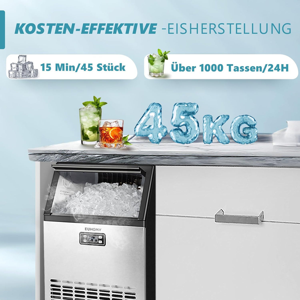 EUHOMY Commerciële ijsblokjesmachine, 45 kg/24 uur, roestvrij staal, ondertafel-ijsmachine met 15 kg ijsopslagcapaciteit, vrijstaande ijsmachine met timer, ideaal voor bars, drankwinkels en grote