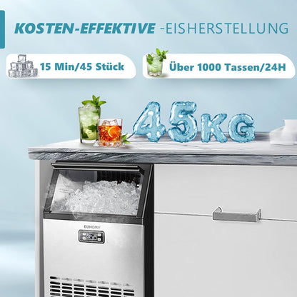 EUHOMY Commerciële ijsblokjesmachine, 45 kg/24 uur, roestvrij staal, ondertafel-ijsmachine met 15 kg ijsopslagcapaciteit, vrijstaande ijsmachine met timer, ideaal voor bars, drankwinkels en grote