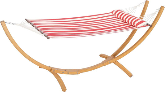 Outsunny Hammock on foot, 1 seater, hammock with wooden stand, pillow, cotton bed, for outdoor patio, pool, red and white stripes - QUORE