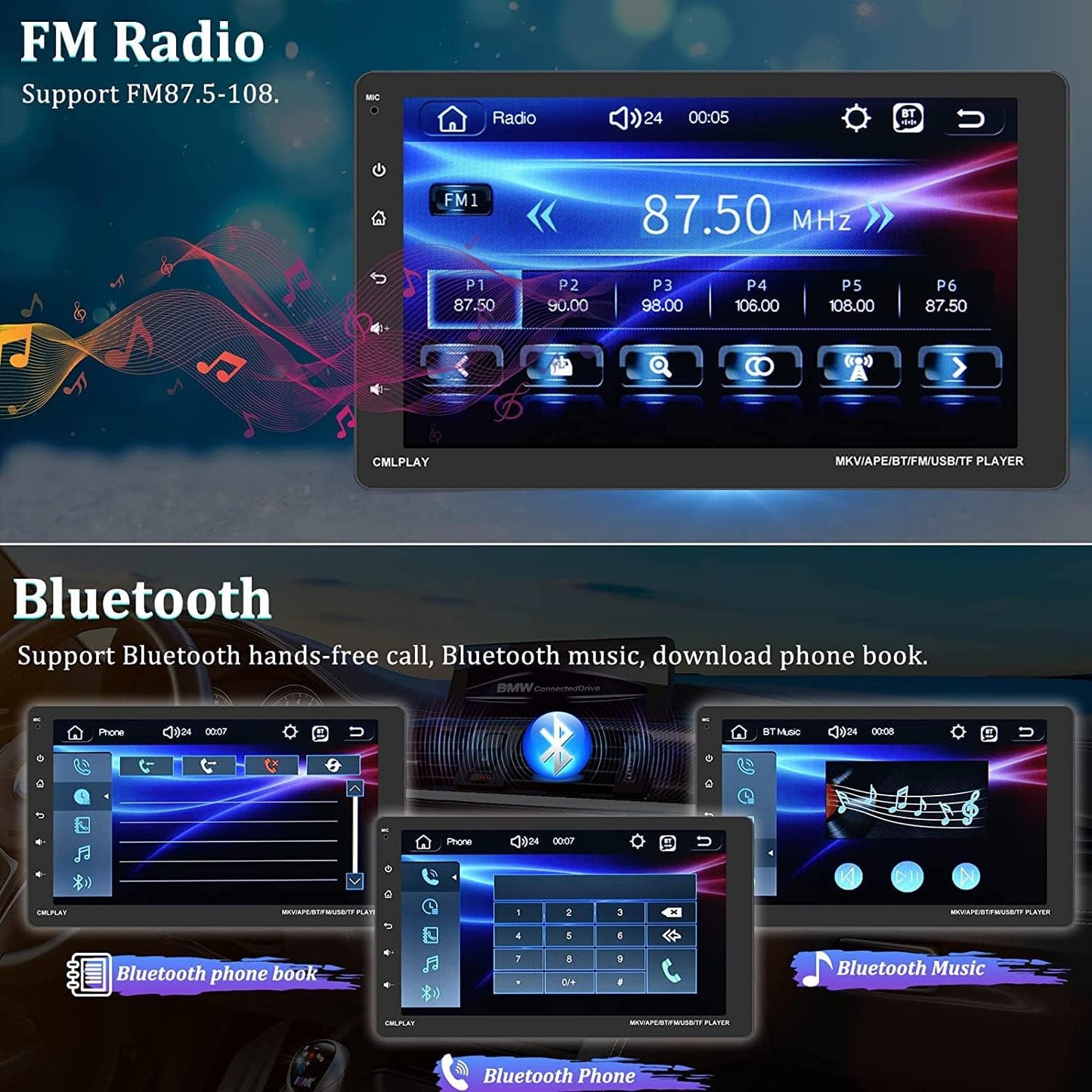 Bluetooth autoradio 1 DIN met Carplay Android Auto, 9 inch afneembaar touchscreen met kleurrijke lichten FM SWC Mirror Link + achteruitrijcamera