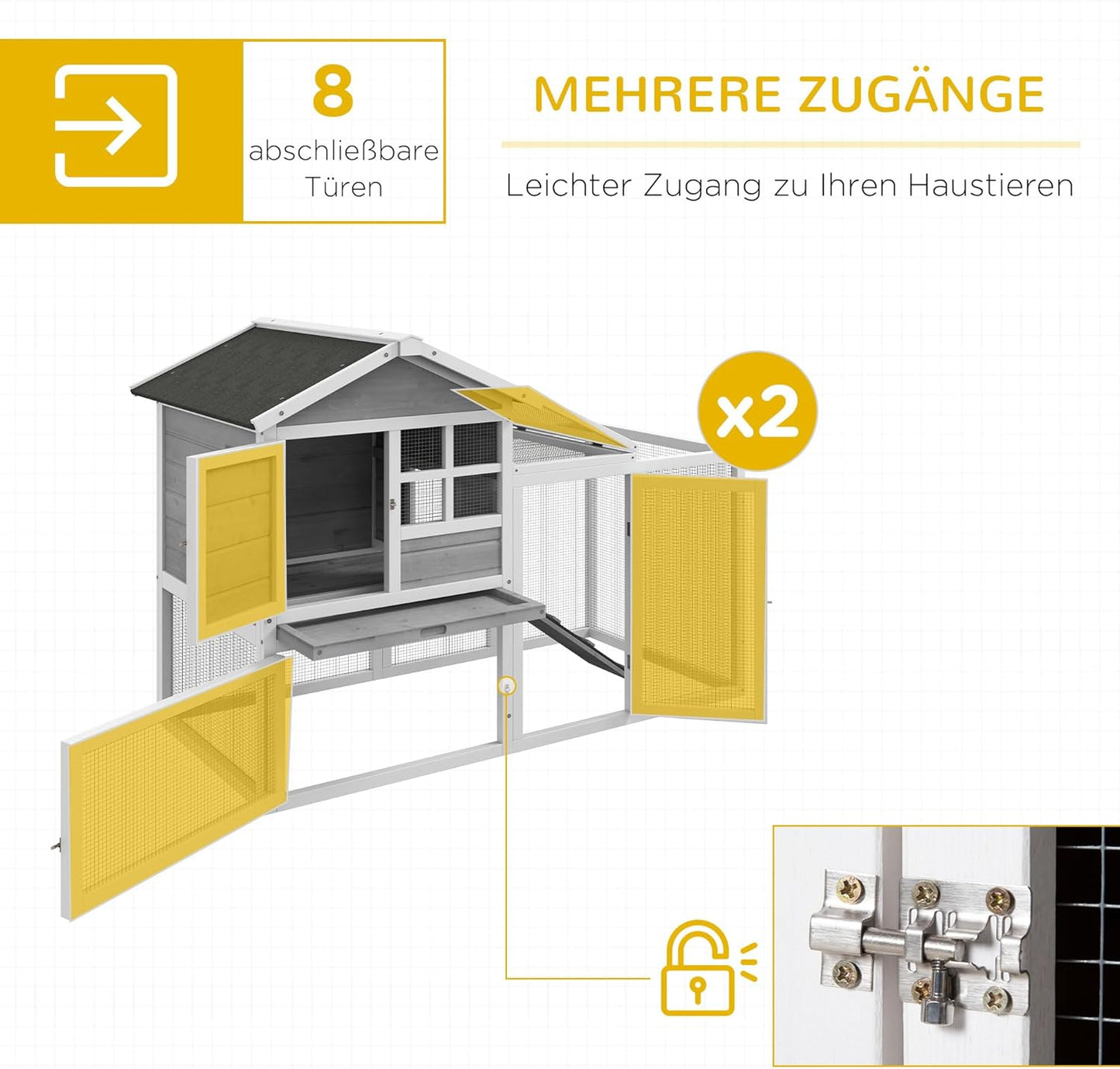 PawHut rabbit hutch combination rabbit hutch XXL hutch for guinea pigs with freewheel driveway two floors for 2-4 rabbits pine wood asphalt 260 x 64 x 92 cm - QUORE